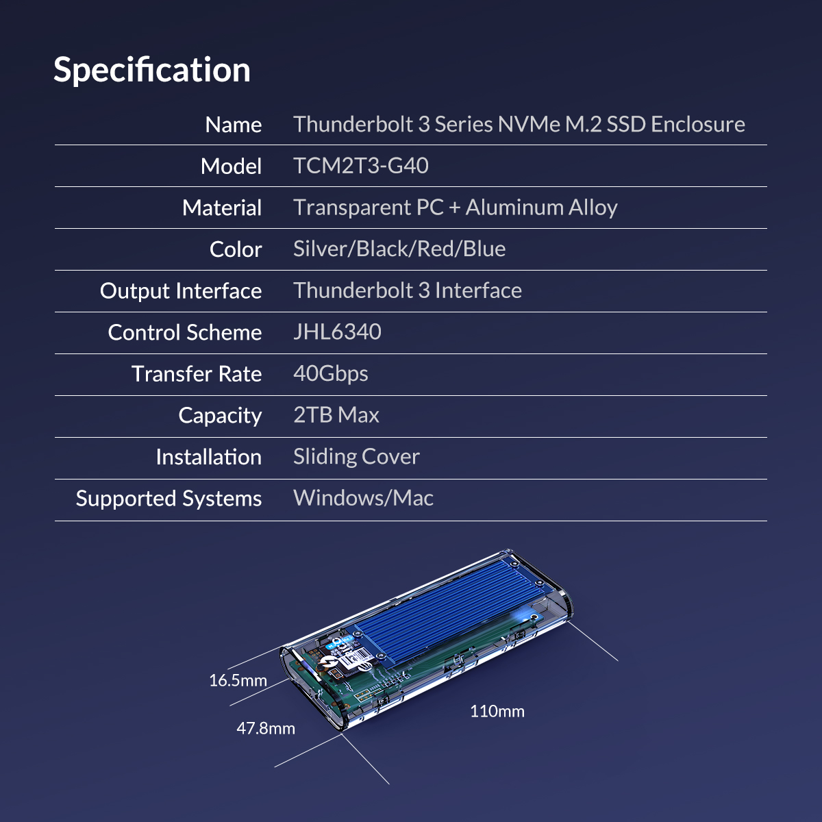 ORICO TCM2T3-G40 Thunderbolt 3 40Gbps M.2 NVME SSD Enclosure 2TB ...